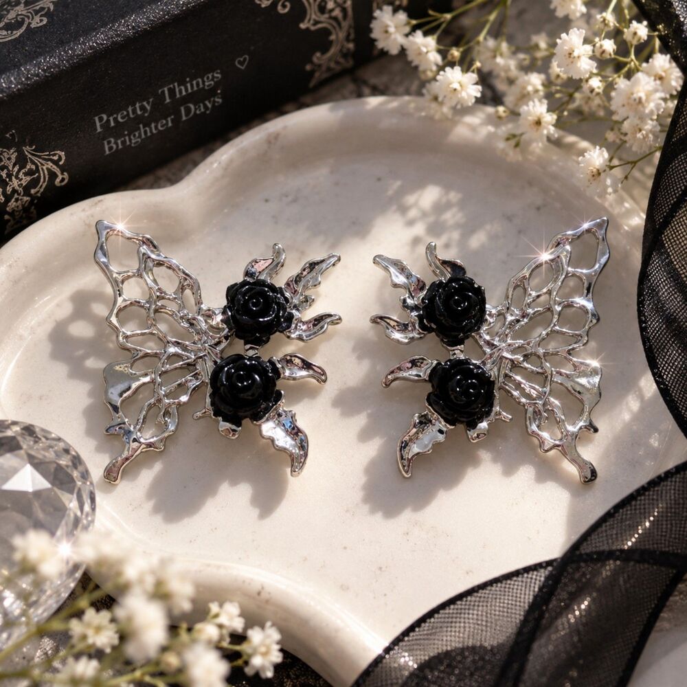 Silver Butterfly Black Rose Earrings, Gothic Fairycore Whimsigoth Y2K Jewelry